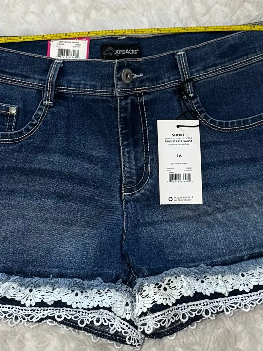 Jordache Dark Blue Denim Shorts adjustable size 16 Waist with White Lace Hem